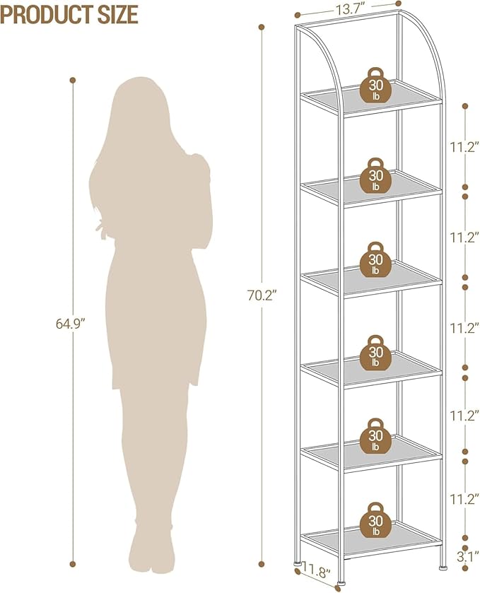 Hzuaneri Bookcase Bookshelf, Tempered Glass Arched Bookshelf for More Storage, Slim Shelving Unit for Bedroom, Bathroom, Home Office, Steel Frame, 6 Tier Gold BC20699G