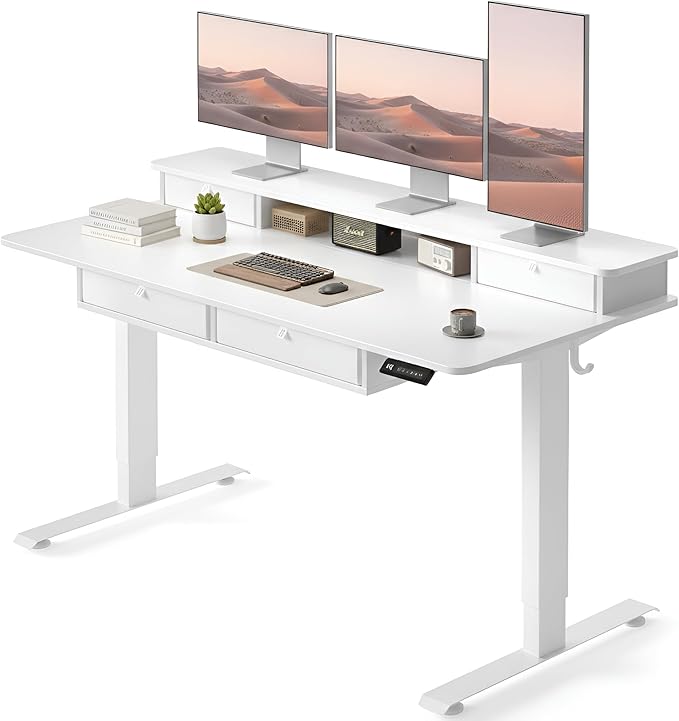 CubiCubi 60" x 30" Standing Desk with Drawers, Height Adjustable Electric Workstation, Computer Sit Stand Up Table with Large Storage Shelf 4 Drawers and 2 Hooks, White