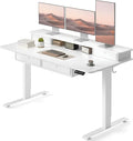 CubiCubi 55" x 30" Standing Desk with Drawers, Height Adjustable Electric Workstation, Computer Sit Stand Up Table with Large Storage Shelf 4 Drawers and 2 Hooks, White