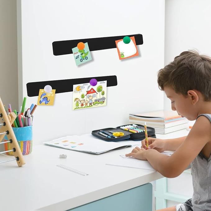 Metal Magnetic Strips with Adhesive Backing Memo Strip Black Magnet Bulletin Board with 12 Colorful Magnet for Wall Kitchen Office (4 Pcs, 2 x 12 Inch)