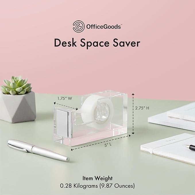OfficeGoods Acrylic Tape Dispenser – Modern Desk Organizer for Office Supplies, Heavy Duty Refillable Tape Holder for Home and School Crafting, Stylish Desktop Accessory for Gift Wrapping, Silver