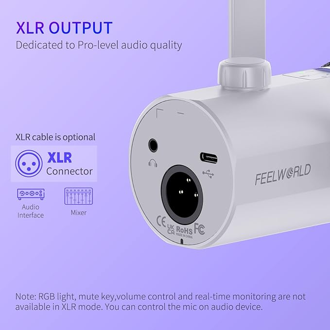 FEELWORLD PM1 XLR USB Dynamic Microphone with Boom Arm Gifts for Podcast Recording PC Computer Gaming Live Streaming Vocal Voice-Over, Studio Metal Mic, RGB Light, Mute Button, Headphones Jack (White)