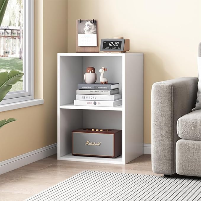 NELYE Basic Open Shelf Bookcase - 2-Tier Small Tiny Wooden Cube Storage Shelves Split Bookshelf, White