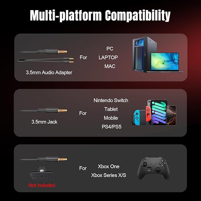 K98 Wired Gaming Headset, Durable Aluminum Frame Gaming Headset with Memory Earmuffs, 50mm Dynamic Drivers Stereo Surround Sound, Over Ear Headset for PC, PS4, PS5, Switch, Xbox One, Mac (Black)