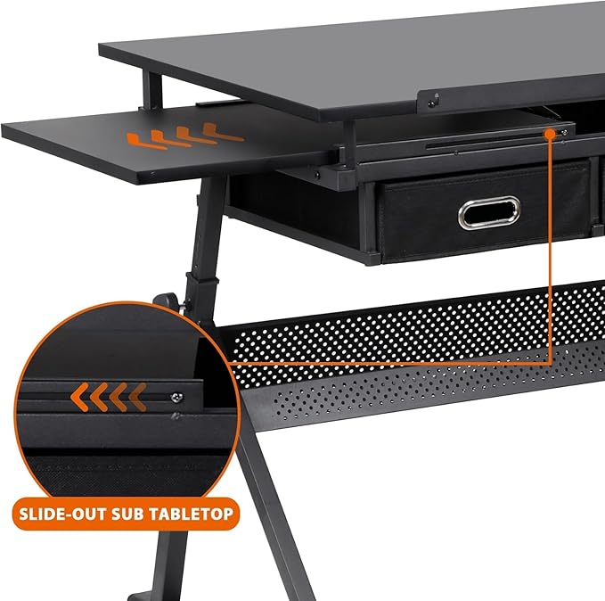 Adjustable Drafting Table Drawing Table, Tilting Tabletop Art Craft Desk w/2 Storage Drawers Stool for Home Office Crafting, Reading, Writing,Black