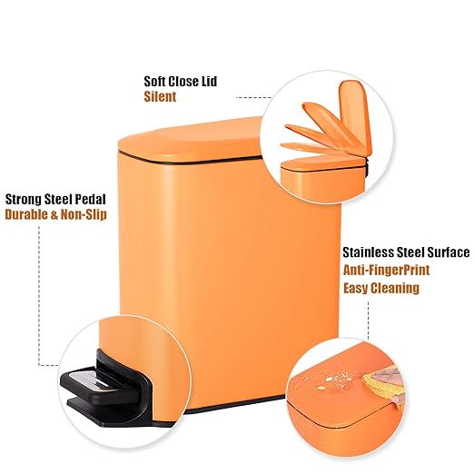 Cesun Slim Step-On Stainless Steel Desk Wastebasket – Matte Orange (1.6 Gal)