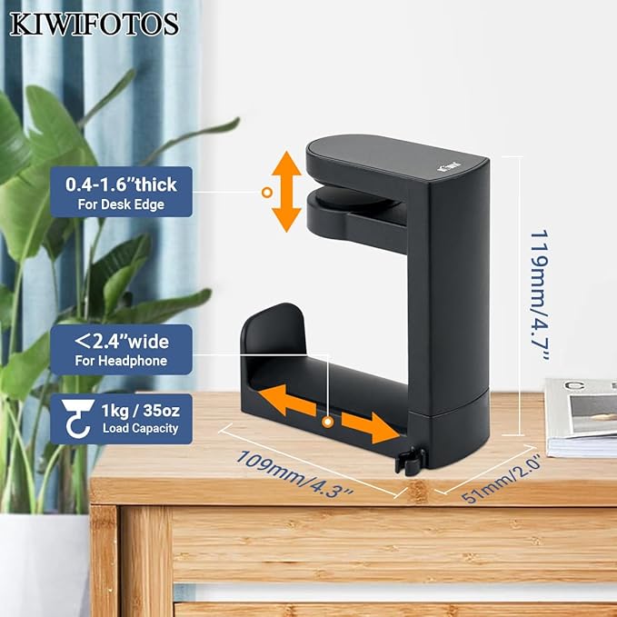 KIWIFOTOS Headphone Stand Holder Under Desk, PC Gaming Headset Hook Hanger Mount with 360 Adjustable Rotating Arm Clamp & Built in Cable Clip - Black