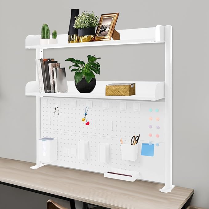 Desktop Hutch Bookshelf with Pegboard, Multipurpose Desk Shelf Clamp Bookcase Storage Rack Display Shelf Clip-on Desk Top Organiser for Home Office Dorm, Study Rooms, Bedrooms