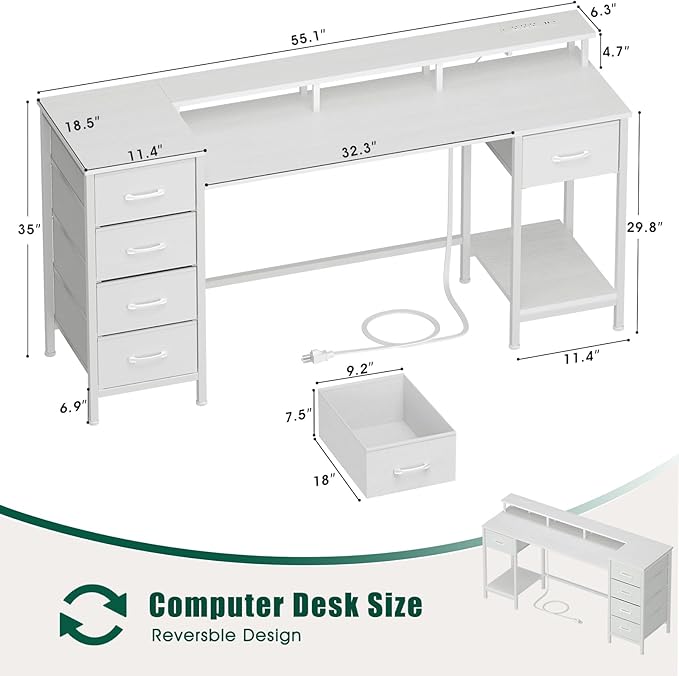 Korfile 55 Inch Gaming Desk with Power Outlets and LED Lights, Reversible Computer Desk with 5 Fabric Storage Drawers, Home Office Desk with Monitor Stand for Working Writing Study, White