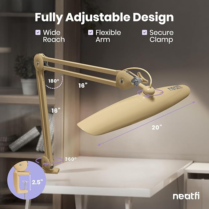 Neatfi XL 2200 Lumens 20W LED Desk Lamp with Clamp – Adjustable Color Temperature | 4-Level Dimmable Light | Home Office, Crafts & Workbench | 20-Inch Wide Head (Gold, CCT with Clamp)