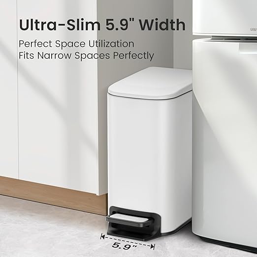 Cesun Slim Step-On Stainless Steel Desk Wastebasket – White (1.6 Gal)