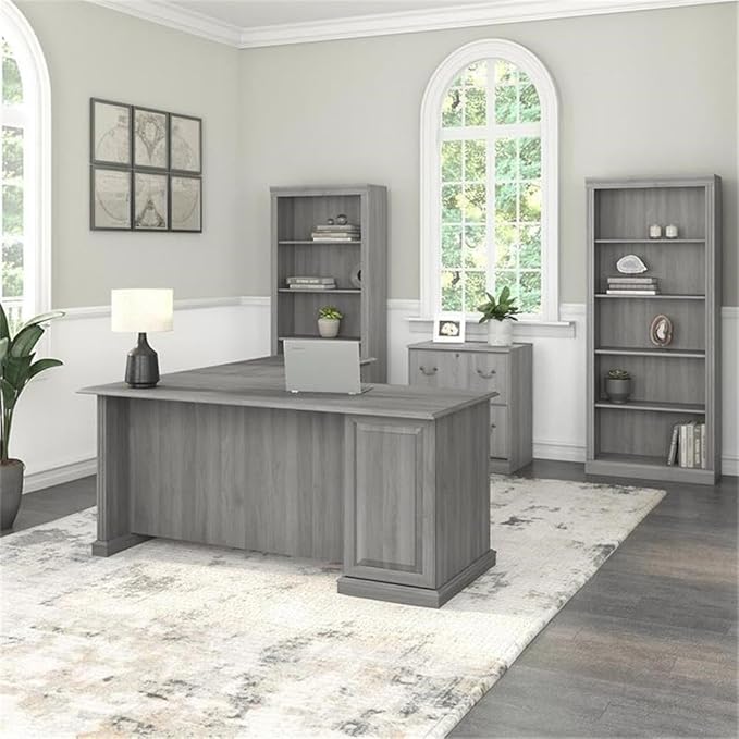 UrbanPro L Shaped Computer Desk Set, Modern Gray Finish, Engineered Wood, Includes File Cabinet, 2 Tall 5 Shelf Bookcases, Scratch-Resistant Surface, Adjustable Shelves, Home Office Furniture