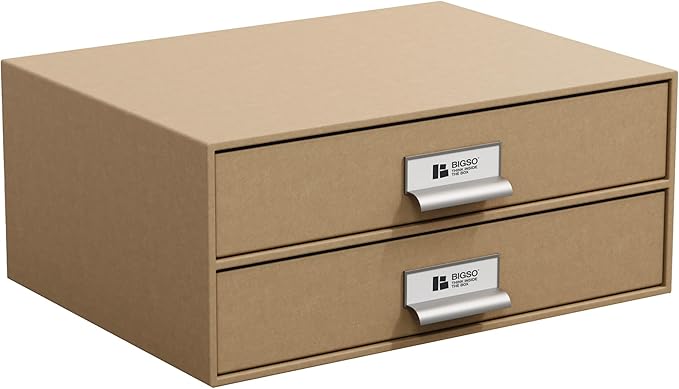 Bigso Birger 2-Drawer Fiberboard Document Letter Box - Paper Storage Drawers for A4 and Letter Sized Documents - Desktop Drawers with Label Holder - W 13.1 x D 10 x H 5.7 (inches) - Kraft