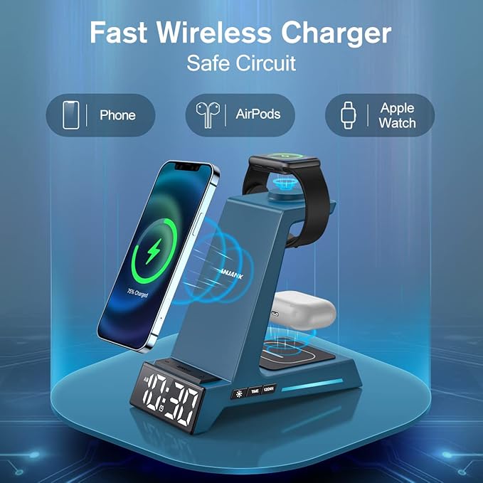 ANJANK Wireless Charging Station for Multiple Devices Apple, 3 in 1 Wireless Charger Stand with Alarm Clock, Charging Dock for iPhone 16/15/14/13/12/11/Pro/Max/XR/XS/8 Plus/iWatch/AirPod