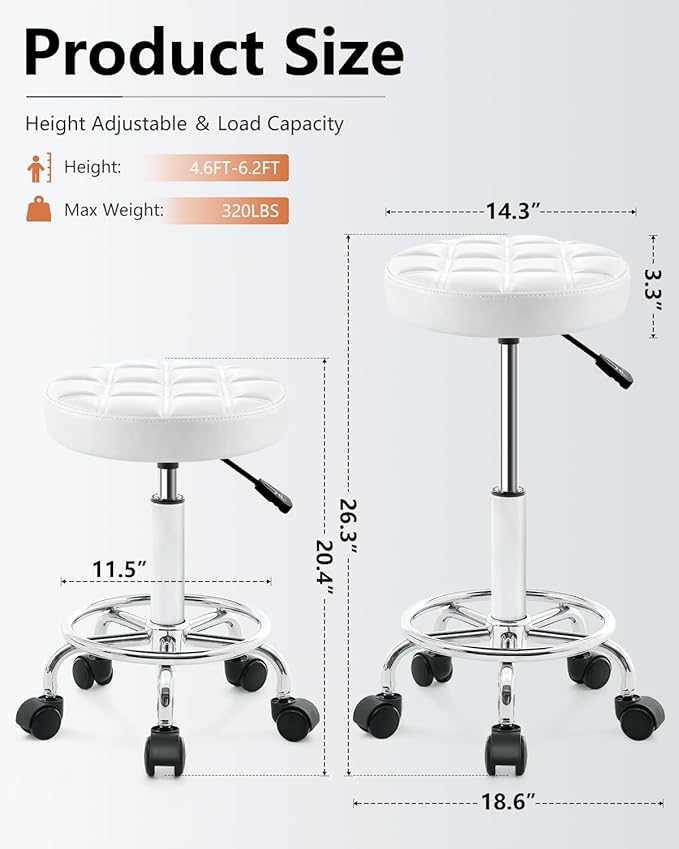 Rolling Stool with Wheels - Swivel Small Office Chair with Footrest, PU Leather Shop Stool for Office Spa Studio Lab Counter Salon Home Work Bar Kitchen Shop Teach Medical Facial, White