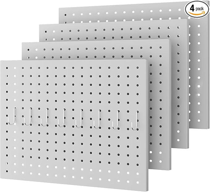 Peg Board,4 Pack Metal Pegboard Panels with 8 hooks,PegBoard Wall Organizer,16"x12" Steel PegBoard for Walls,Tools,Garage,Office,Kitchen