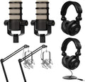 Rode 2X PodMic Dynamic Podcasting Microphones Bundle with H&A Broadcast Arms with Internal Springs and Integrated 10' XLR Cables, High-Performance Closed-Back Studio Monitor Headphones (6 Products)