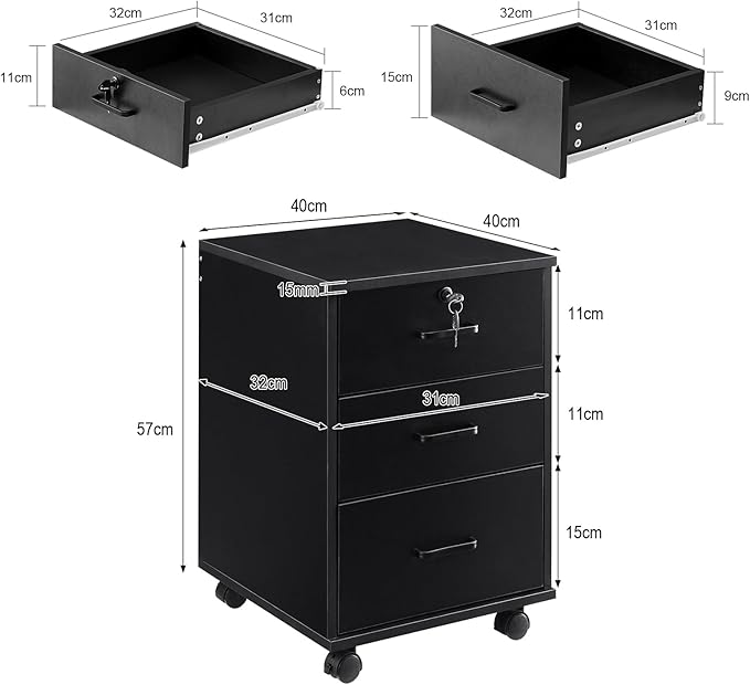 OFCASA 3 Drawer Mobile File Cabinet with Lock, Wooden Under Desk Filing Cabinet with Wheels, Small Rolling Storage Cabinet for Home Office Organizer A4/Letter Size/Legal, Black
