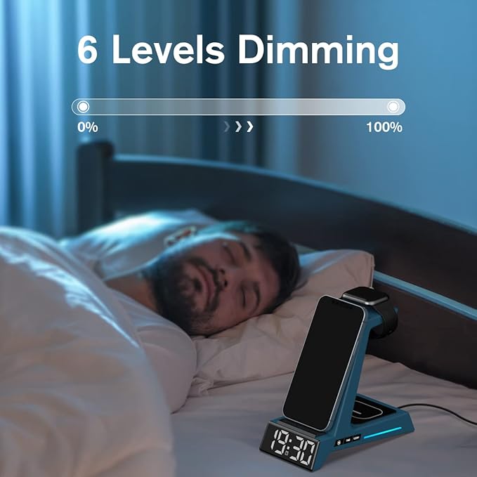 ANJANK Wireless Charging Station for Multiple Devices Apple, 3 in 1 Wireless Charger Stand with Alarm Clock, Charging Dock for iPhone 16/15/14/13/12/11/Pro/Max/XR/XS/8 Plus/iWatch/AirPod