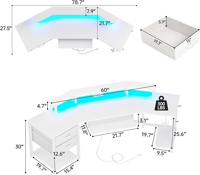 SEDETA 79" Gaming Desk, Computer Desk with 2 Fabric Drawers & LED Light, White Small Desk with Storage for Home Office, Carbon Fiber White