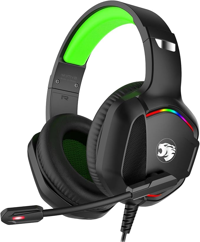 Gaming Headset with Microphone for Pc, Xbox One Series X/s, Ps4, Ps5, Switch, Stereo Wired Noise Cancelling Over-Ear Headphones with Mic, RGB, for Computer, Laptop, Mac, Nintendo (Green)