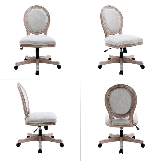 HEAH-YO Armless Home Office Chair, Vintage Linen Fabric Desk Chair with Wheels and Mid Back Support, Swivel Vanity Chair for Bedroom, Beige