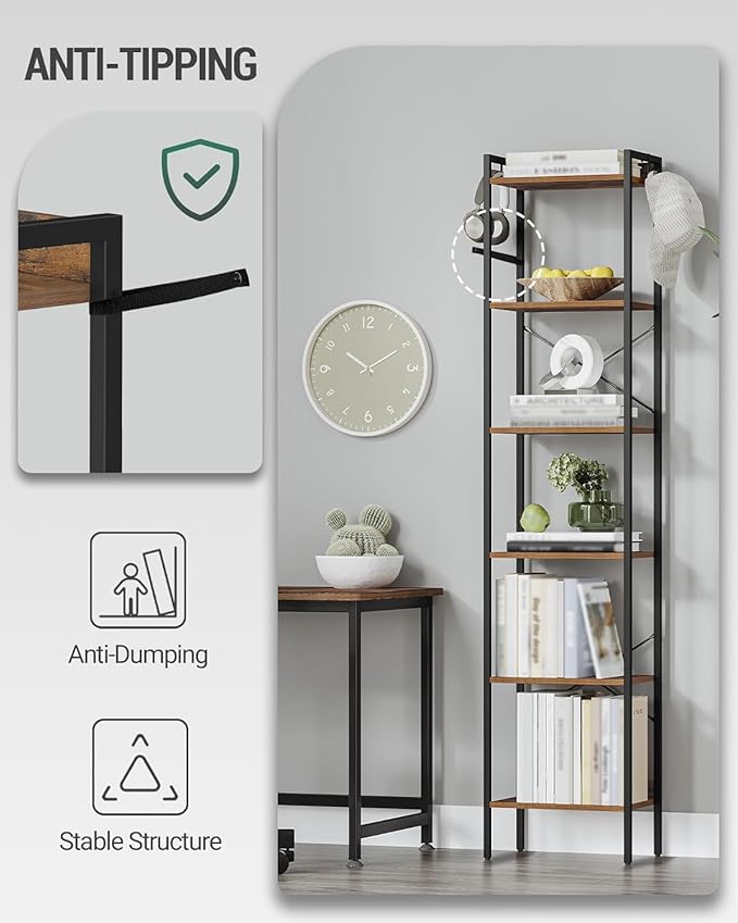 Hzuaneri Bookshelf, Book Shelf, Industrial Bookcase with 2 Hooks, Coner Shelf Storage Organizer for Home Office, Living Room, Bedroom, Kitchen, 6-Tier Rustic Brown BC10701B