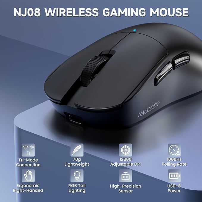 AJAZZ NJ08 Wireless Gaming Mouse 70g Lightweight, 12800 DPI, RGB Strip, 3-Mode Connection 2.4GHz/BT/Wired, 1000Hz Polling Rate, Ergonomic Right-Handed Design for PC, Mac, Windows, Laptop(Black)
