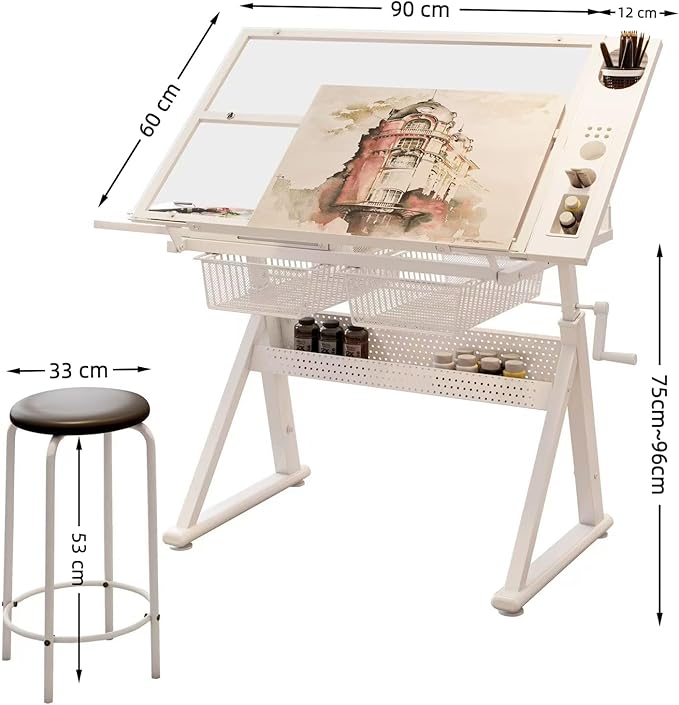 Adjustable Drawing Table for Artists | Drafting Desk with Tilted Glass Top | Art & Craft Table for Adults (White, Smart Upgrade-29.52’’- 37.8'' H)