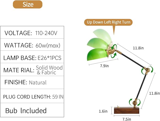 Bankers Lamp, Adjustable Traditional Green Desk Lamp with Solid Ash Wood Base, Green Glass Antique Library Lamp with Power Cord Switch, Plug in Vintage Bankers Desk Lamp for Office 【E26 Socket】