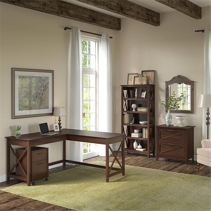 Scranton & Co Key West Office Set, 60W L Shaped Desk, Bookcase & File Cabinets, Durable Wood, Washed Gray/Bing Cherry/White Oak Finish, Home Office Furniture for Storage & Organization