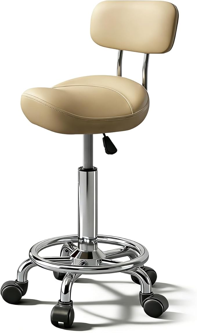 Saddle Stool with Back and Ring Pedal, Adjustable Hydraulic Rolling Chair with Wheels for Salon, Spa, Medical, Massage & Drafting Use Khaki