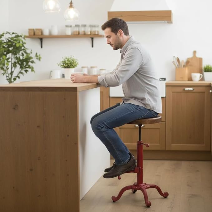 Topower Industrial Retro Vintage Farm Wooden Tractor Stool Kitchen Swivel Height Adjustable Bar Stool (Antique Red)
