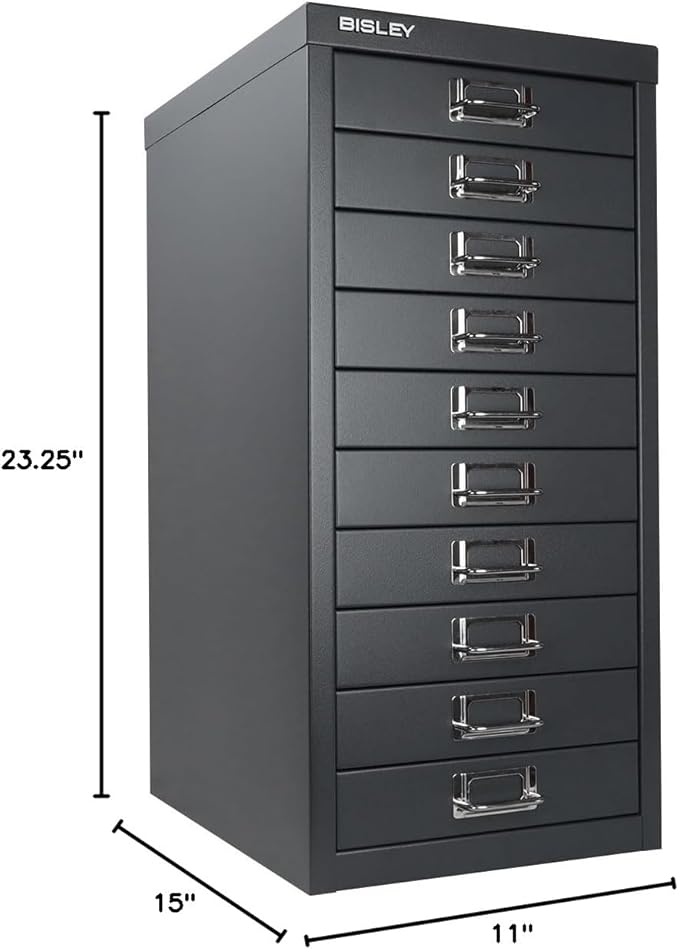 Bisley 10-Drawer Steel MultiDrawer Cabinet - Anthracite Grey, Chrome Pull Handles with Label Holders, Powder-Coated Steel, Removable Drawers, Fits Under Most Desks, Labels Included