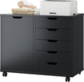 DUMOS 5 Drawer File Cabinet Office Drawers Organizer with Wheels Rolliing, Under Desk Cabinets with Shelves and Door Printer Stand with Wood Board Metal Frame for Home Office Storage Craft Room, Black