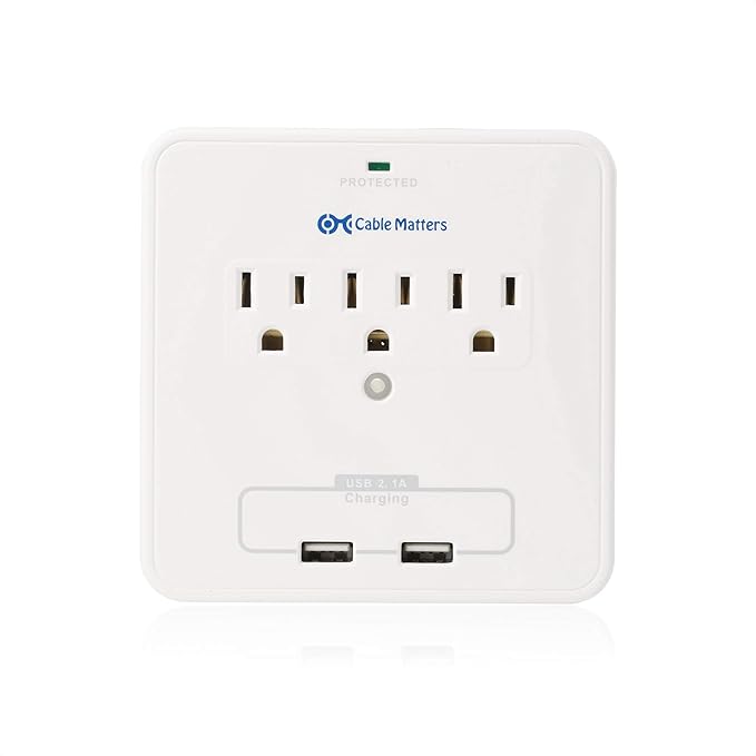 Cable Matters 3 Outlet Wall Mount Surge Protector with USB Charging and 3 Inch Wide Slide-Out Smartphone Holders White