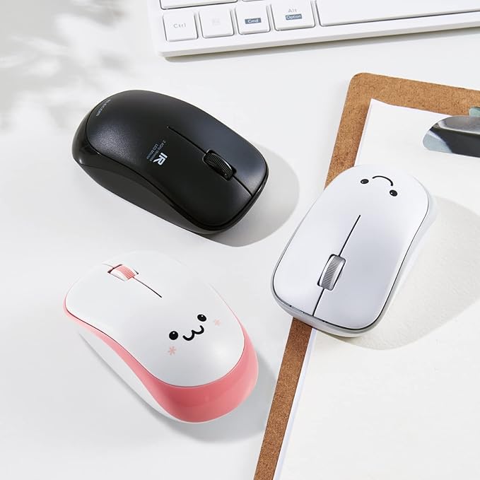 ELECOM Cute Face Mouse, 2.4GHz USB Wireless, Ambidextrous Design, Silent Click, Lightweight, Portable, Gray White Computer Mice, Plug and Play, Girls, Boys and Kids, for PC, Laptop, Windows and Mac