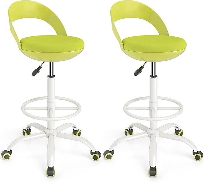 Giantex Drafting Chair Set of 2 with Back, Tall Office Chair with Footrest & Adjustable Height, Ergonomic Standing Desk Chair for Counter Height Desk, Home Kitchen, Green