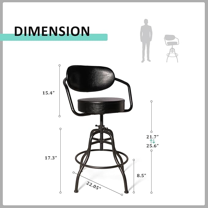 Industrial Office Chair with Backrest 21.7-25.6inch Height Adjustable Vintage Bar Stool with Swivel PU Seat Rustic Drafting Drawing Chair for Workbench Office Desk