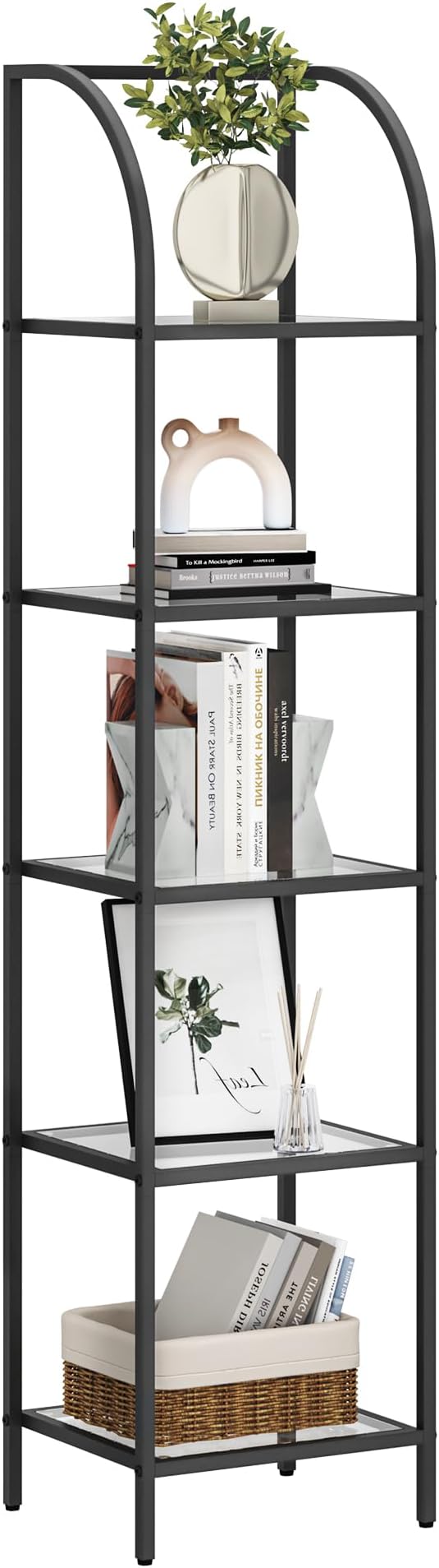 Hzuaneri Bookcase Bookshelf, Tempered Glass Arched Bookshelf for More Storage, Slim Shelving Unit for Bedroom, Bathroom, Home Office, Steel Frame, 5 Tier Black BC20599B