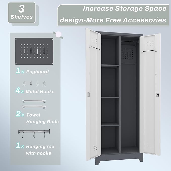IRONFFICE Metal Storage Cabinet with Lock,65" H Laundry Room Cabinets with Pegboard,Locking Metal Cabinet Heavy Duty for Garage Office,School,Warehouse,Grey-White