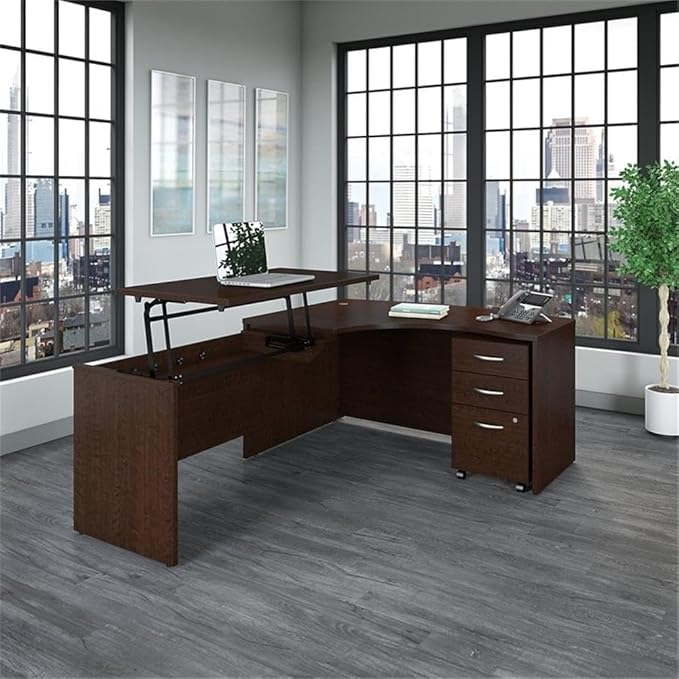Scranton & Co 60W L Shaped Sit to Stand Desk Set, Cherry Finish, Laminated Scratch-Resistant Surface, Adjustable Height 37/40/43 Inches, Includes Mobile File Cabinet, Office Workspace Furniture