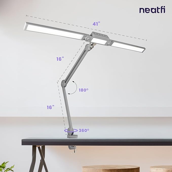 Neatfi LED Desk Lamp | 3,000 Lumens | Dimmable 30W Desk Light | 360 SMD LEDs | CRI 95 | Adjustable Color Temperature | Task Lamp for Home, Office, or Workbench (Silver, 41-Inch, CCT with Clamp)