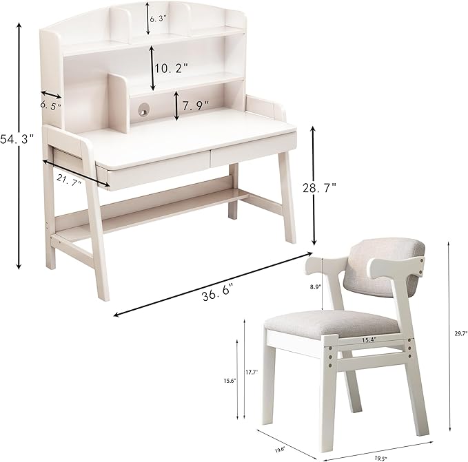 Kids Desk and Chair Set Wooden Children's Learning Table and Chair with Hutch and Two Drawers Children Study＆Writing＆Computer＆Workstation Desk for 3 and Above(White