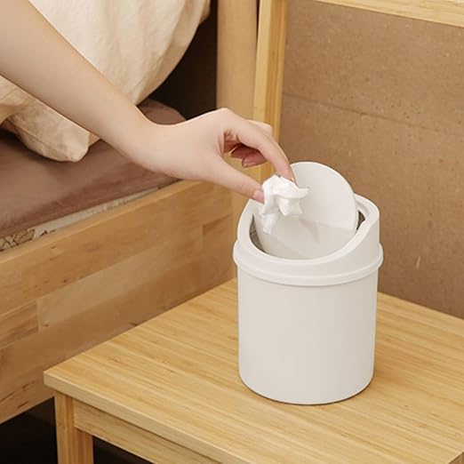 Mini Desktop Trash Can with Lid - 6.3'' Swing-Lid Plastic Garbage Bin for Desk, Countertop & Kitchen, Tiny Creative Waste Basket for Living Room & Office Organization (White)