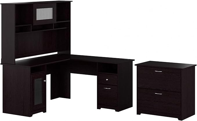 Bush Furniture Cabot 60W L Shaped Desk with Hutch and Lateral File Cabinet in Espresso Oak