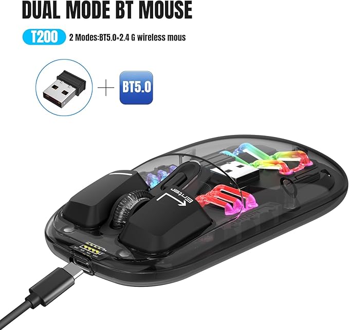 Wireless Bluetooth Mouse, Transparent BT + 2.4G Dual-Mode Mechanical Mouse with Magnetic Top Cover, Rechargeable RGB Backlit Gaming Mouse for Gaming/Esports/Desktop/Laptops/Tablets (Black)