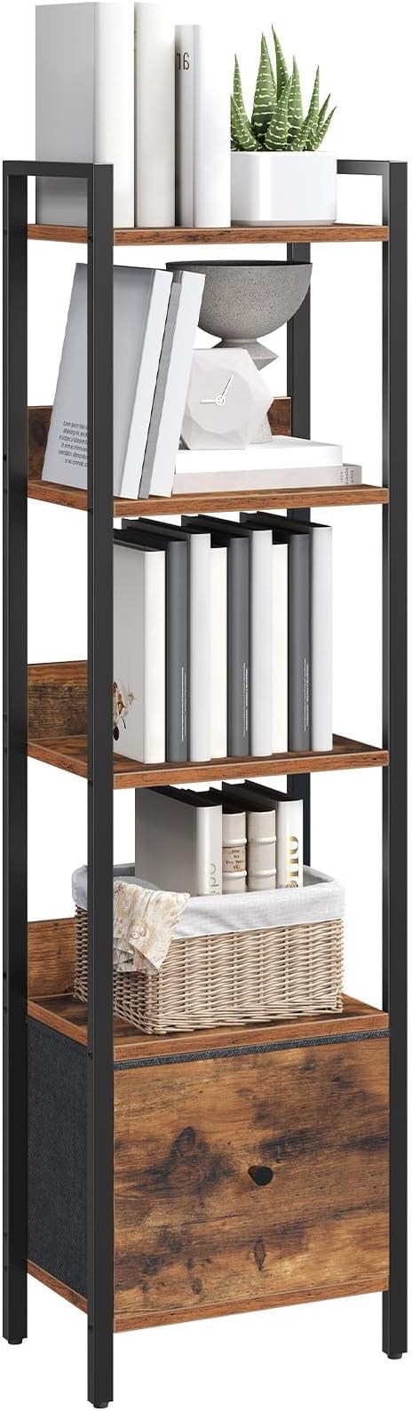 MAHANCRIS Bookshelf, 5-Tier Bookcase with Drawer, Small Book Shelf for Small Space, Storage Shelf Organizer, for Living Room, Bedroom, Study, Kitchen, Rustic Brown and Black BKHR55101