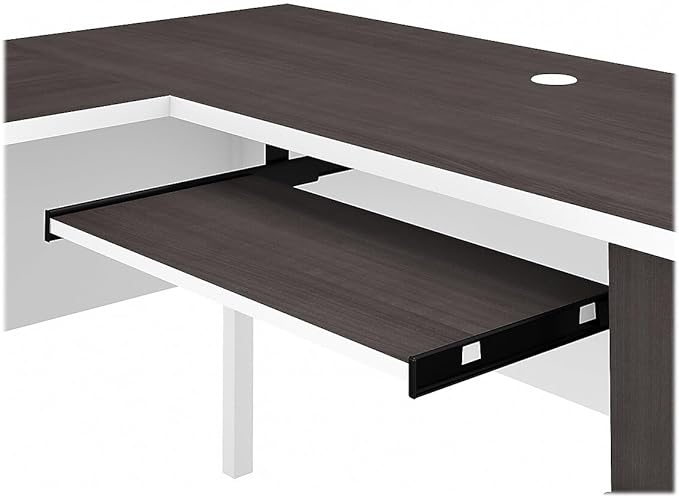Bush Home Somerset 60W L Shaped Desk with Hutch and 5 Shelf Bookcase in White and Storm Gray