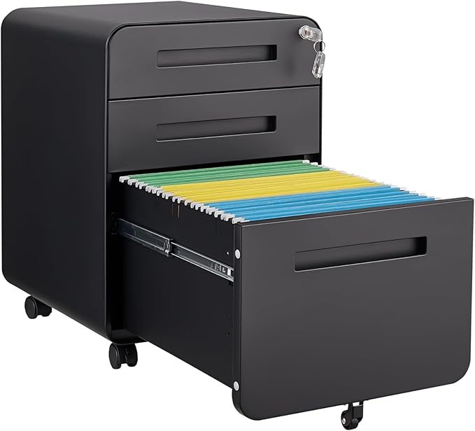 Garvee 3 Drawer File Cabinet with Lock, Under Desk Mobile Metal Filing Cabinet for Home Office, 5 Wheel Anti-Tilt Rolling File Cabinets for A4/Letter/Legal Size, Fully Assembled